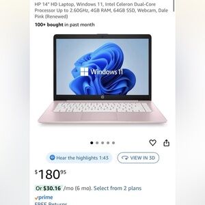 HP 14-cf2112wm 14" (64GB eMMC, Intel Celeron N4120, 1.10GHz, 4GB RAM) Laptop...